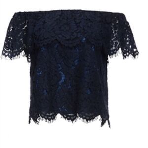 NWT Olivia Grey Navy Blouse with off the shoulder black lace- Size M